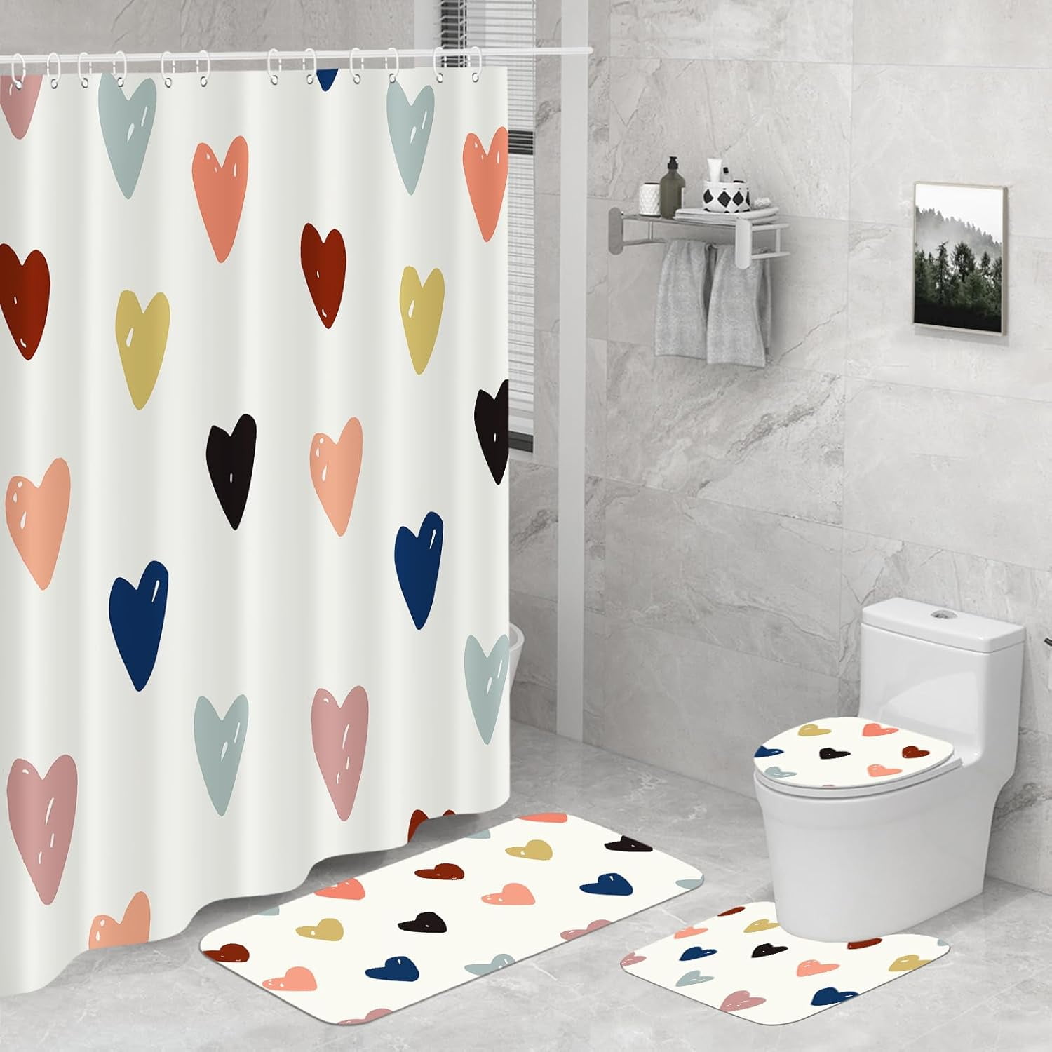 4 Pieces Cartoon Bear Shower Curtain Set Kawaii Bathroom Accessories, Toilet Lid and Non-Slip Rugs,Cute Waterproof Shower Curtain Bathroom Accessories Sets Home Decor,12 Hooks,72 x 72 Inches