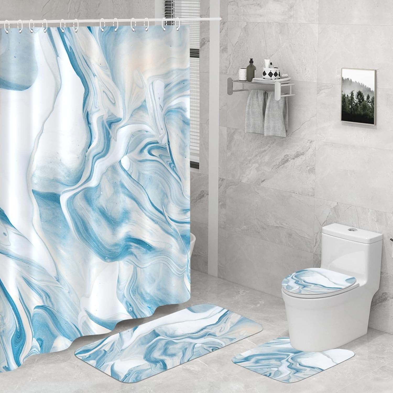 4 Pieces Cartoon Bear Shower Curtain Set Kawaii Bathroom Accessories, Toilet Lid and Non-Slip Rugs,Cute Waterproof Shower Curtain Bathroom Accessories Sets Home Decor,12 Hooks,72 x 72 Inches
