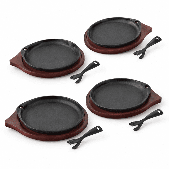 4 Pieces Cast Iron Skillet Set With Wooden Base, Removable Handles For Kitchen And Barbeque