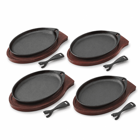 4 Pieces Cast Iron Skillet Set with Wooden Base and Removable Handles