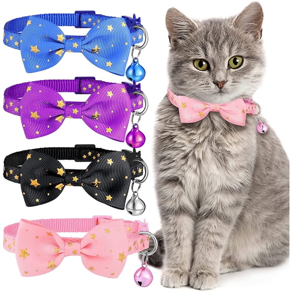 TEAMD 4 Pieces Cat Collar Breakaway Cat Bowtie Collar Cute Kitten Collar with Bell and Bow Tie for Kitten Cats and Other Small Pets (Blue, Black, Purple, Pink)