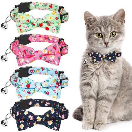 4 Pieces Cat Collars Breakaway Pet Collar with Removable Bell Bowtie Adjustable Cute Safety Buckle Collars with Printed Flowers for Pet Kitten Cats Puppy