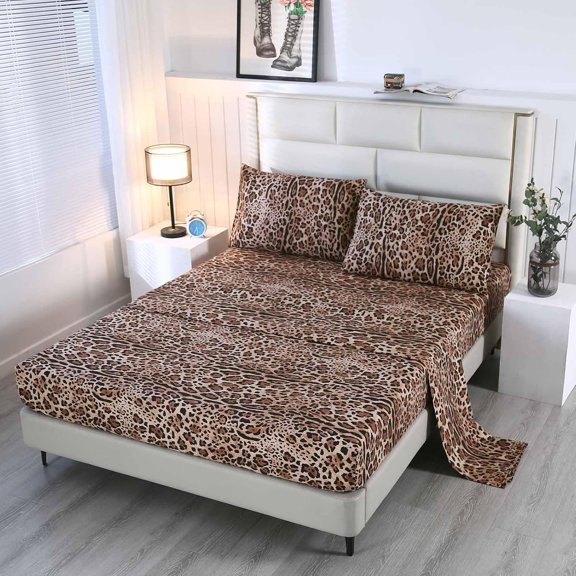 4 Pieces Cheetah Bedding Sheets Full Leopard Print Sheet Set Included 1 Fitted Sheet with 14'' Deep Pocket + 1 Top Flat Sheet + 2 Pillowcases for Adult