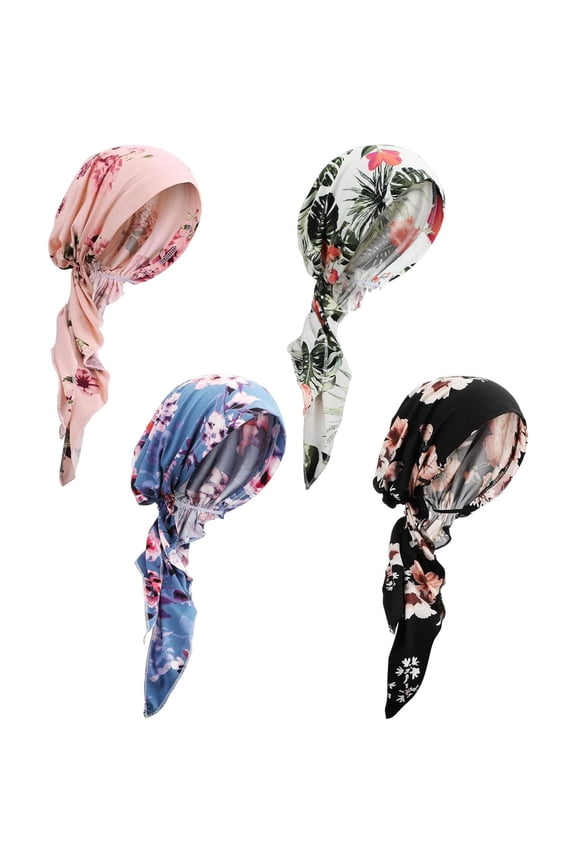 4 Pieces Chemo Headwear for Women Pre Tied Caps Soft Cotton Elastic Head Scarf for Patients Outdoor Hat exercise