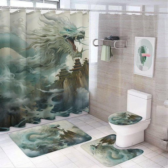 4 Pieces Chinese Style Dragon Shower Curtain Set Ink Painting Contemporary Bathroom Decor Sets with Rugs Bathroom Accessories Set Bathroom Curtain Shower Set with 12 Hooks