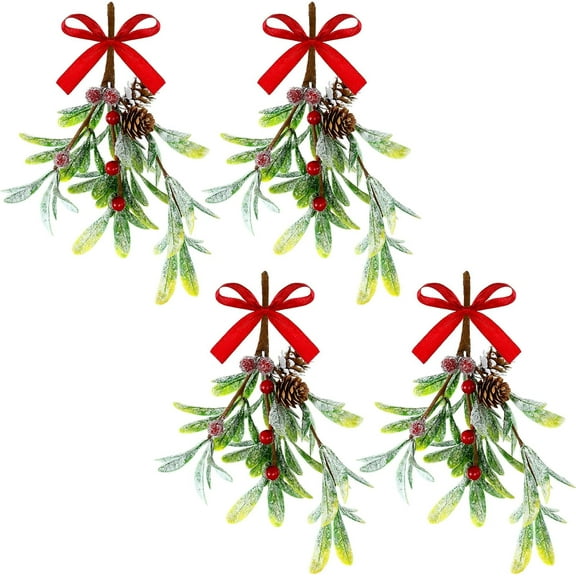 4 Pieces Christmas Artificial Mistletoe Ornament with Red Bow, Christmas Hanging Mistletoe Decoration Bouquet Floral Natural Pine Cones Holiday Decoration Ornament Bouquet