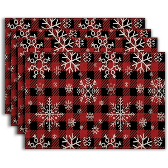 4 Pieces Christmas Plaid Snowflakes Placemats 12x18 Inch Red Buffalo Plaid Xmas Place Mats Christmas Plaid Dining Table Place Mats Decorations for Christmas Kitchen Housewarming Gifts