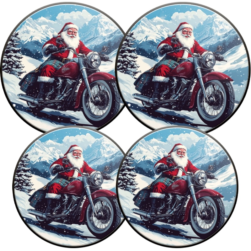 4 Pieces Christmas Round Stove Burner Covers Set, Santa on Motorcycle Snowy Winter Xmas Decor Mental Gas Stove Burner Covers for kitchen Holiday, 2 Pieces 8 Inches and 2 Pieces 10 Inches