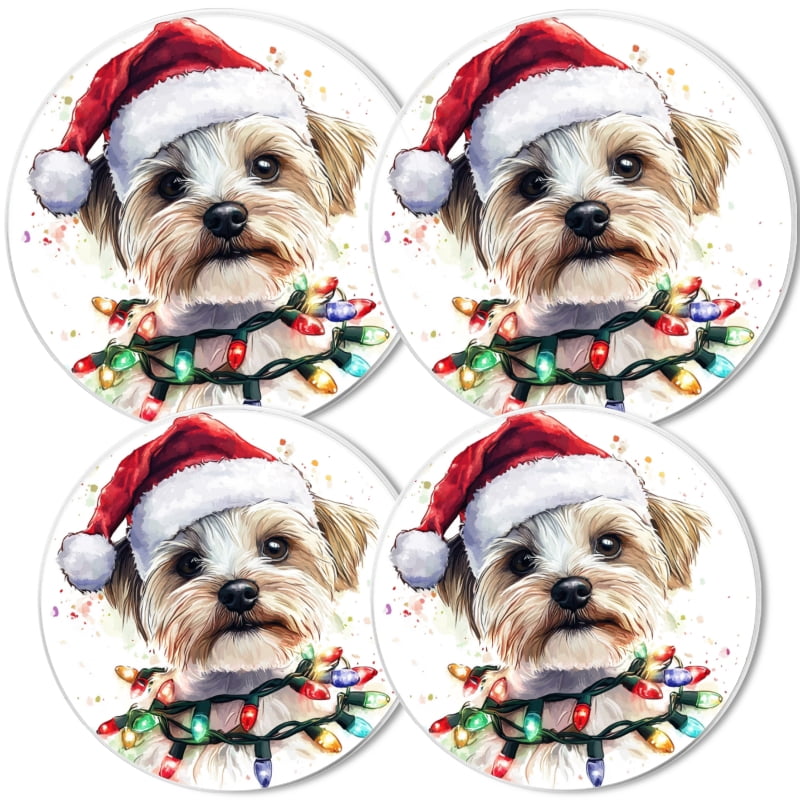 4 Pieces Christmas Round Stove Burner Covers Set, Xmas Yorkshire Terrier Christmas Lights Gas Stove Burner Covers Expands Usable Space for kitchen, 2 Pieces 8 Inches and 2 Pieces 10 Inches