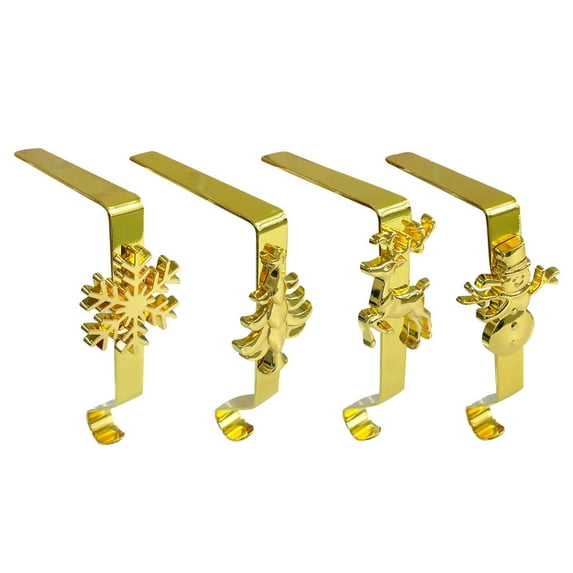 4 Pieces Christmas Stocking Hanger Mantel Holders Garland Hooks Gold Finish for Fireplace Holiday Party Decor