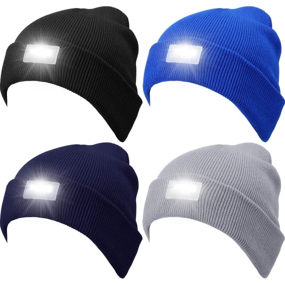 4 Pieces Christmas Unisex 5 Led Knitted Winter Flashlight Beanie Cap Knit Men Headlamp Hat