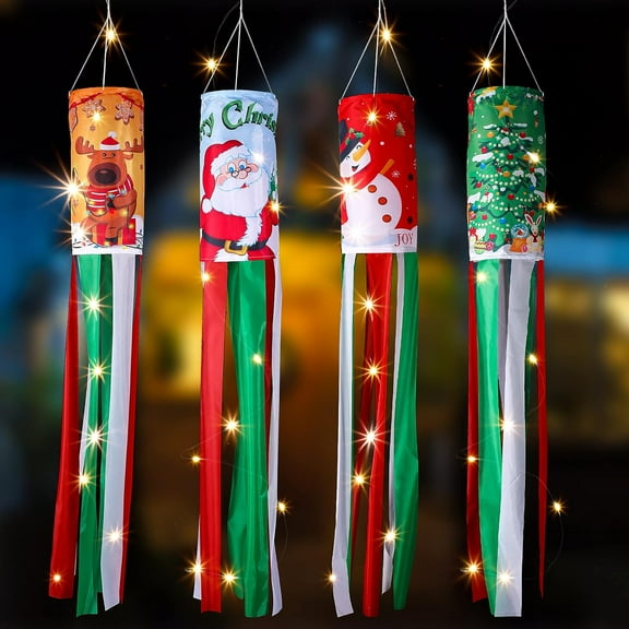 4 Pieces Christmas Windsock Flags with LED Light 39 Inch Snowman Santa Claus Christmas Tree Hanging Decorations Christmas Elk Winter Outdoor Windsocks for Yard Patio Lawn Party Decor (Vivid Style)