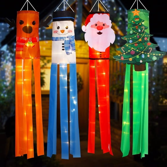 4 Pieces Christmas Windsock Flags with LED Light 39 Inch Snowman Santa Claus Christmas Tree Hanging Decorations Christmas Elk Winter Outdoor Windsocks for Yard Patio Lawn Party Decor (Vivid Style)