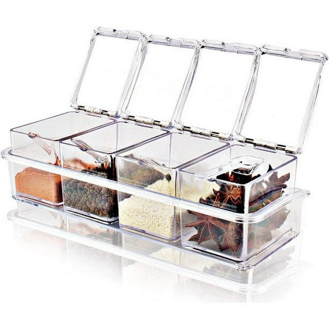 4 Pieces Clear Seasoning Box Cruet with Cover and Spoon,Seasoning