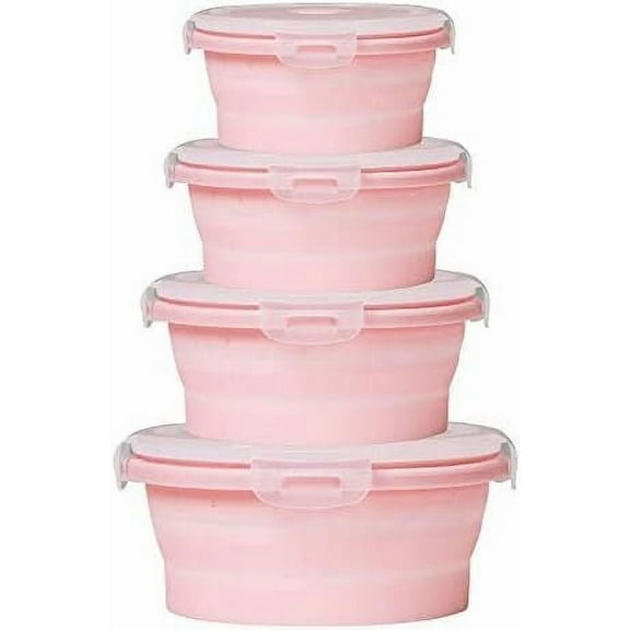 4 Pieces Collapsible Food Storage Containers Foldable Silicone Lunch Containers with Lids, 4 Pcs Silicone Rouhd Collapsible Bowls, Microwave Freezer and Dishwasher Safe, Pink