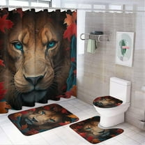 4 Pieces Colorful Lion Shower Curtain Set Red Leaves Background Modern Bathroom Decor Sets with Rugs Bathroom Accessories Set Bathroom Curtain Shower Set with 12 Hooks