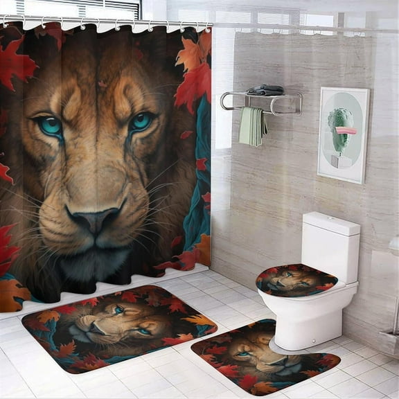 4 Pieces Colorful Lion Shower Curtain Set Red Leaves Background Modern Bathroom Decor Sets with Rugs Bathroom Accessories Set Bathroom Curtain Shower Set with 12 Hooks