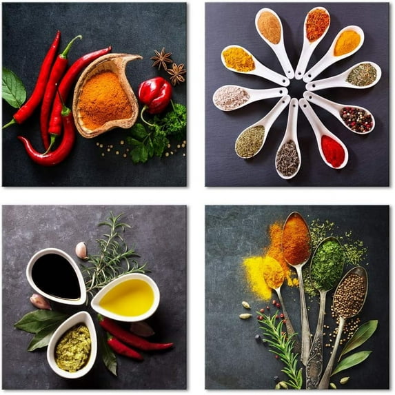 4 Pieces Colorful Spices and Spoon Vintage Canvas Prints Still Life Paintings Pictures Canvas Wall Art for Living Rome Home Kitchen Decorations
