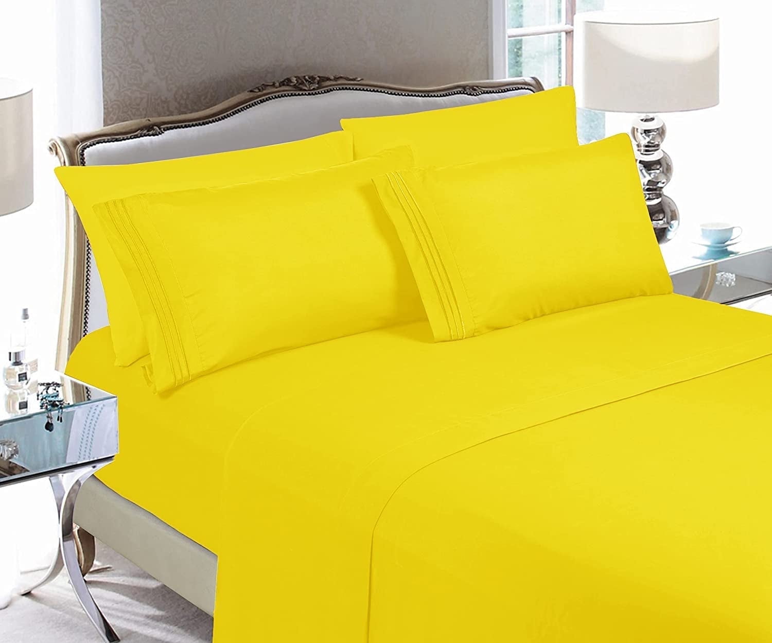 Elegant Comfort 4-Piece Microfiber Sheet Set, Deep Pocket, Wrinkle Resistant & Fade Resistant, California King, Yellow