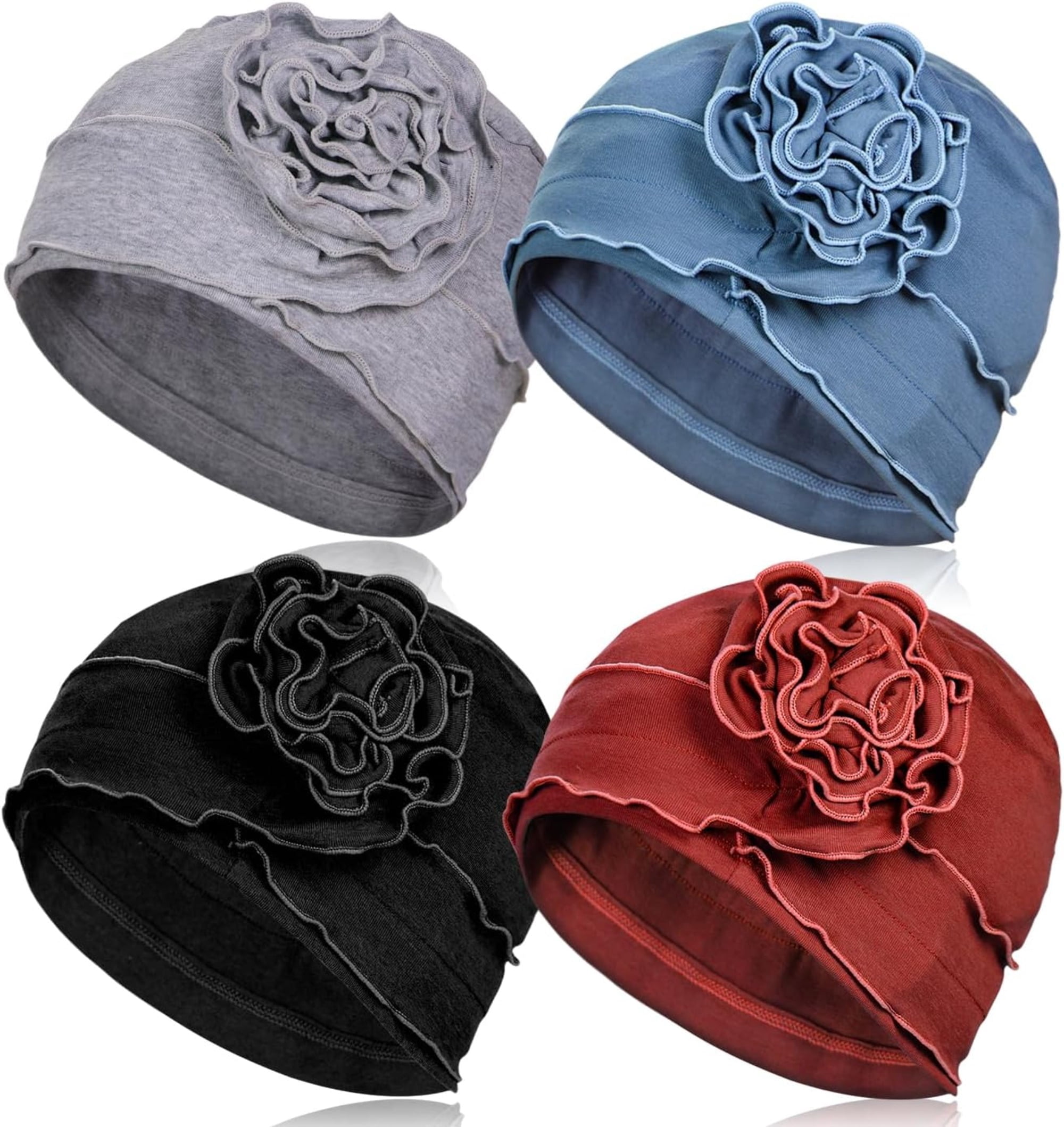 Soft Cotton Chemo Headwear Set 4 Pcs Elastic Beanie Turbans for Women Cheers US 4Pcs Women Elastic Glitter Big Flower Turban Chemo  main image 2