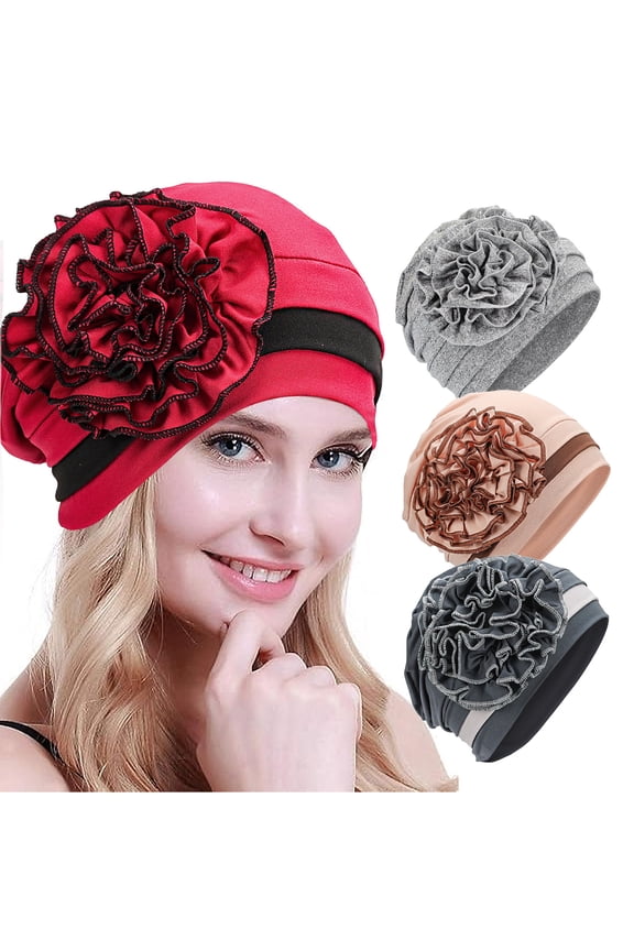 4 Pieces Cotton Chemo Turban Headwear, Soft Cancer Elastic Cap for Women with Hair Loss-Wine Red, Light Grey, Dark Grey, Khaki