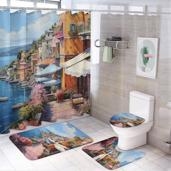 4 Pieces Country Homestay Shower Curtain Set Vintage Abstract City Corner Bathroom Decor Sets with Rugs Bathroom Accessories Set Bathroom Curtain Shower Set with 12 Hooks