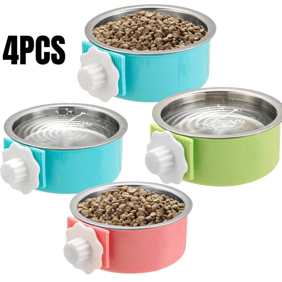 4 Pieces Crate Dog Bowl, Removable Stainless Steel Pet Kennel Hanging Food Water Feeder Bowl Cage Coop Cup for Puppy Medium Dog Cat Rabbit Ferret Bird (2Blue,Red,Green)