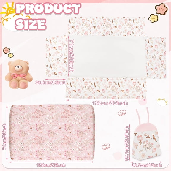 4 Pieces Crib Bedding Set for Girls and Boys, Soft Baby Bedding Set Including Crib Skirt, Comforter, Sheet and Diaper Stacker for Nursery (Floral Theme)