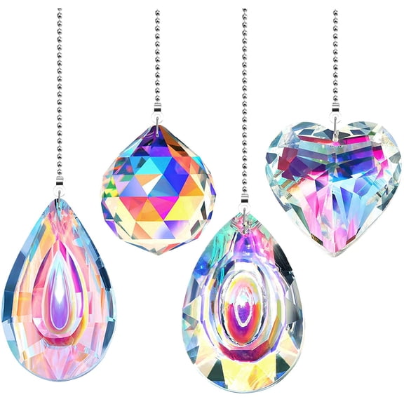 4 Pieces Crystal Ceiling Fan Pull Chain Decorative Rainbow Light Pull Chain Extension 20 Inch Ceiling Fan Chain Ornament with Ball Fan Chain Connector(Longan, Water Drop, Heart, Round)