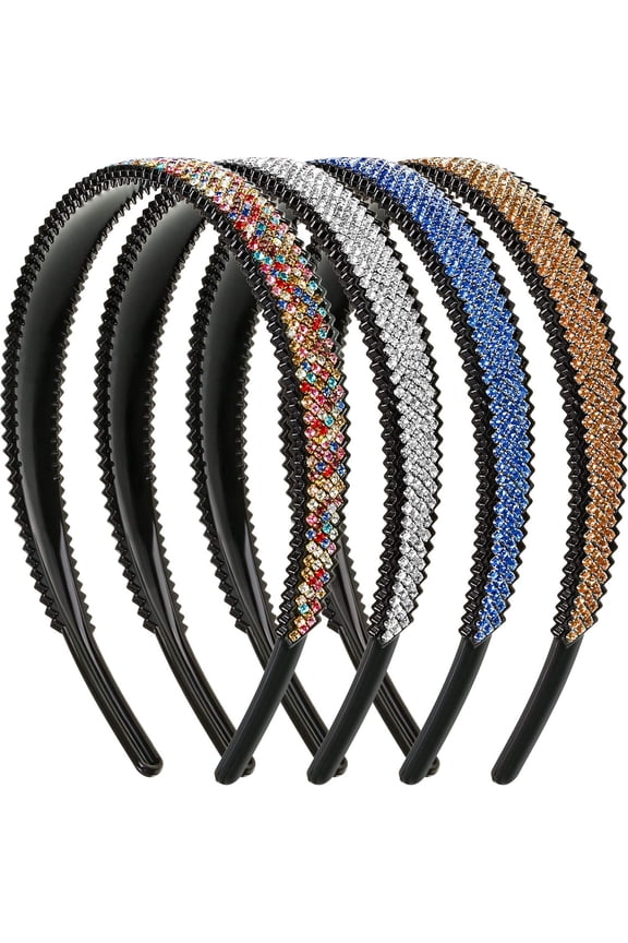 4 Pieces Crystal Rhinestone Headband Teeth Comb Headbands Plastic Hair Band Crystal Beaded Bling Hairbands Non-slip Hard Headbands for Women Girls Lady Hair Accessories (0.79 Inch)