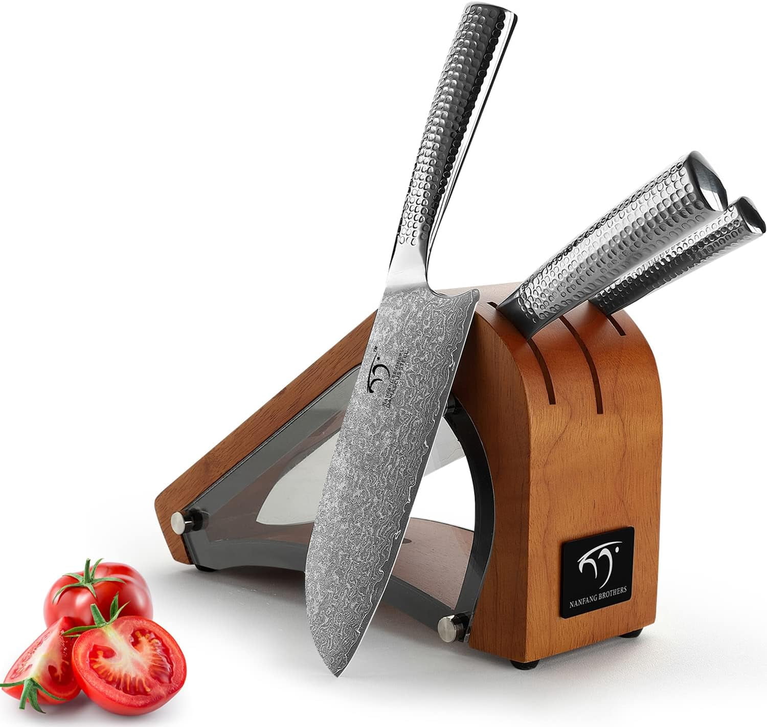 4 Pieces Damascus Kitchen Knife Set with Block, 8” Chef Knife, 7” Santoku Knife, 3.5” Paring Knife, 3 Slots Natural Wood Block, 67 Layer Handmade Damascus VG10 Steel Core, Hammered Ergonomic Handle