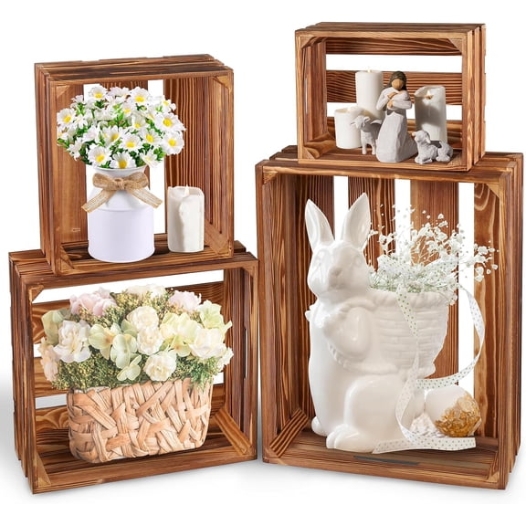 4 Pieces Decorative Wood Crates for Party Display, Large Rustic Farmhouse Wooden Nesting Storage Crates with Handles for Wedding Birthday Home Party Decoration