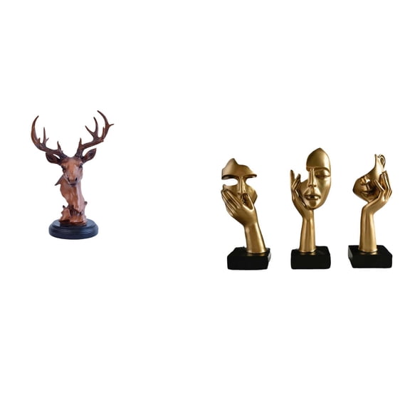 4 Pieces Deer Head Figurine Thinker Statues Face Sculpture Resin Material for Home Office Living Room Decor