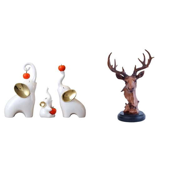 4 Pieces Deer Head Figurines Elephant Statues Animal Ornaments Ceramic Craft for Family Living Room Office Bedroom Decor