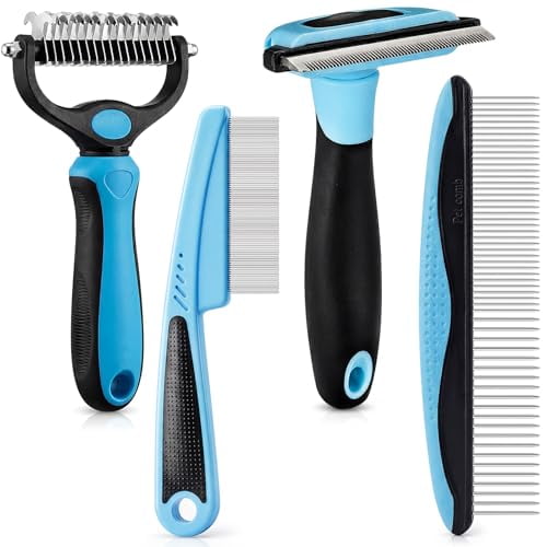 4 Pieces Dematting Comb for Dogs Pets Grooming Tools for Dogs and Cats-Fine Tooth Comb,Deshedding Tool & Double-sided Tools Set Ideal for Long/short Hair,Knot Removal