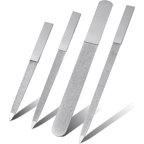 4 Pieces Diamond Nail File Set - Double-Sided Manicure Files Metal Stainless Steel Emery Boards for Natural Nail, Pedicure, Salon, Home, and Travel Use (Silver)