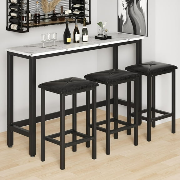 4 Pieces Dining Table Set, Extra Long Bar Table Set with 3 Upholstered Stools, Kitchen Tables Set for Small Spaces, Breakfast Nook, Dining Room, Restaurant, White