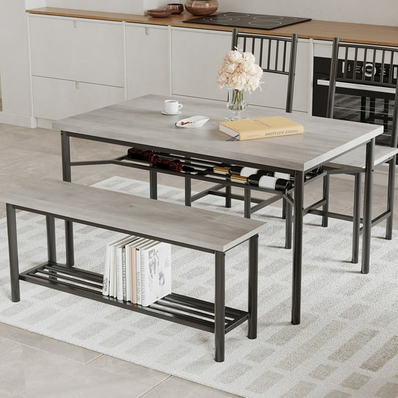 4 Pieces Dining Table Set, Farmhouse Kitchen Table Set with Bench and 2 Chairs, Rectangular Breakfast Table Set for 4 with Storage Racks for Apartment, studio