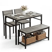 4 Pieces Dining Table Set, Kitchen Table and 2 Chairs for 4 with Bench, Storage Racks, Metal Frame & Space-saving Design, Kitchen Table Set for Small Space, Apartment, Retro Gray