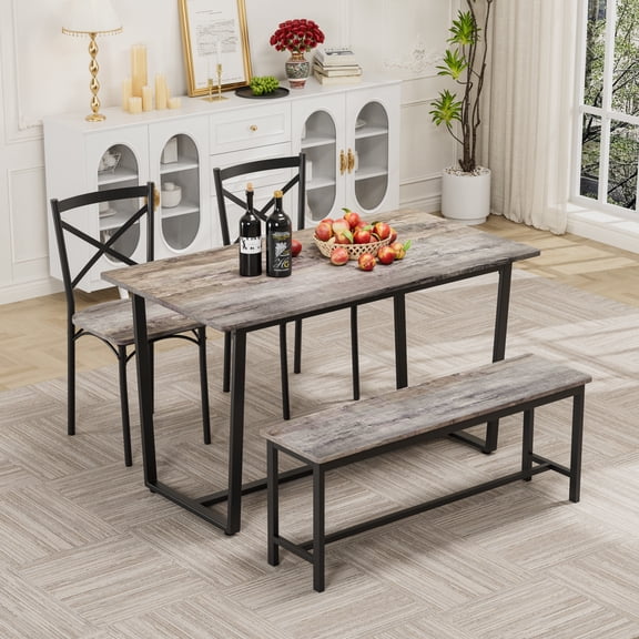 4 Pieces Dining Table Set, Kitchen Table and 2 Chairs for 4 with Bench, Metal Frame Industrial Kitchen Table Set for Small Space, Apartment, Gray