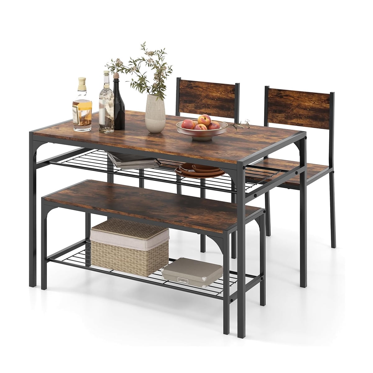 4 Pieces Dining Table Set, Space-saving Rustic Table Set with Metal ...