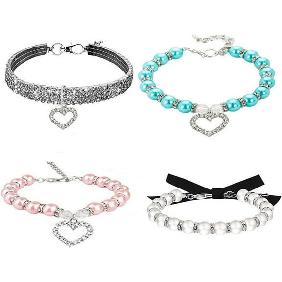 4 Pieces Dog Pearl Collars and Rhinestones Dog Collar Set, Pet Pearl Necklace Full Diamond Bling Adjustable Dog Collar for Small Cats Puppy Necklace Suit for Pet Wedding Birthday Party