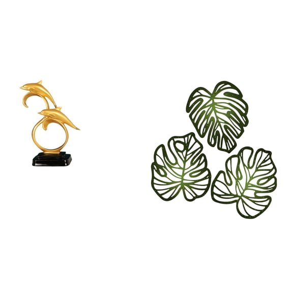 4 Pieces Dolphin Figurine Palm Leaves Wall Plaque Modern Resin Wood Decor for Home Office Living Room