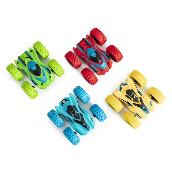 4 Pieces Double-Directions Vehicles Double-Sided Pull Back 360 Rotating Stunt Cars Cute Friction Powered Push Pull and Go Trucks Toddler Toy Cars for Girls Boys Birthday Party Gifts