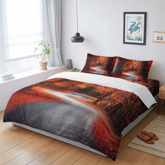 4 Pieces Duvet Cover California King Bedding Sets Rustic Maple Leaf Tree Road for Bedroom Decor,Ultra Soft Luxury Comforter Cover Set with Bed Sheet and Pillow Shams Watercolor Autumn Leaves