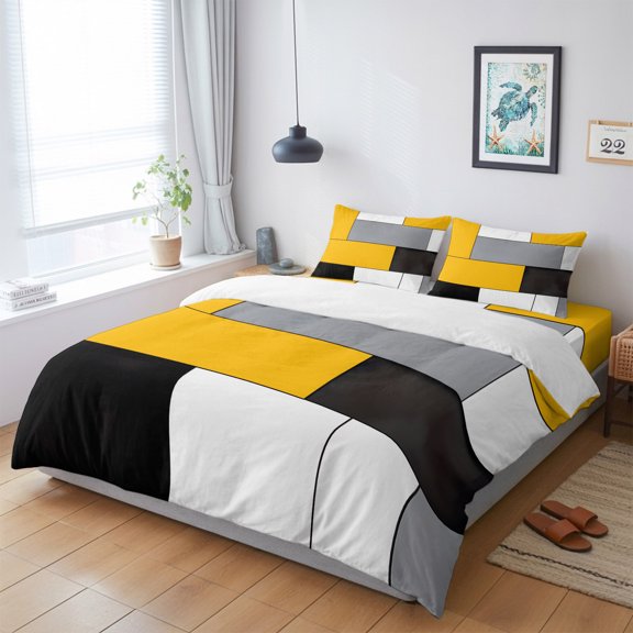 4 Pieces Duvet Cover California King Bedding Sets Yellow Gray Color Block Patchwork for Bedroom Decor,Ultra Soft Luxury Comforter Cover Set with Bed Sheet and Decorative Pillow Shams