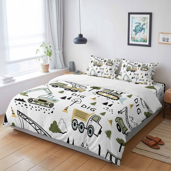 4 Pieces Duvet Cover Queen Bedding Sets Cartoon Tractor Digger Shovel for Bedroom Decor,Ultra Soft Luxury Comforter Cover Set with Bed Sheet and Decorative Pillow Shams