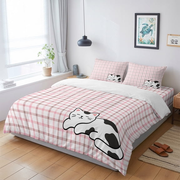 4 Pieces Duvet Cover Queen Bedding Sets Cartoon White Black Cute Kitty for Bedroom Decor,Ultra Soft Luxury Comforter Cover Set with Bed Sheet and Decorative Pillow Shams