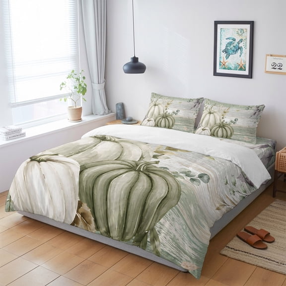 4 Pieces Duvet Cover Queen Bedding Sets Fall Thanksgiving Pumpkin Leaves Ultra Soft Luxury Comforter Cover Set with Bed Sheet and Decorative Pillow Shams Sage Green Gradient