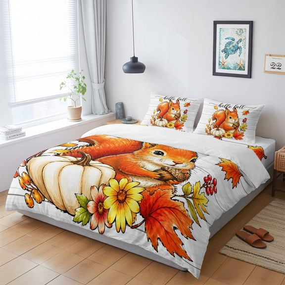 4 Pieces Duvet Cover Queen Bedding Sets Happy Fall Red Squirrel for Bedroom Decor,Ultra Soft Luxury Comforter Cover Set with Bed Sheet and Decorative Pillow Shams